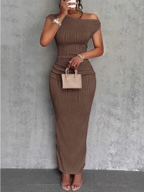 Off-Shoulder Ribbed Bodycon Maxi Dress in Brown Plus Size Available